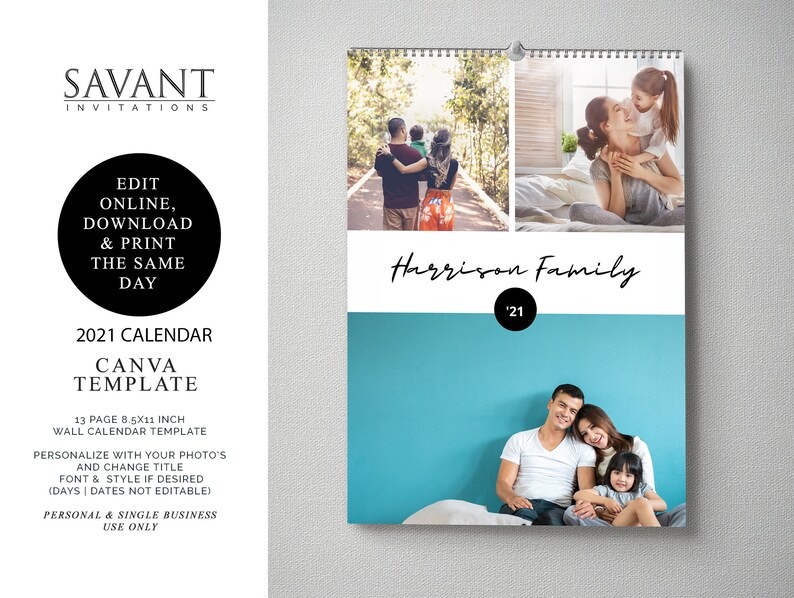 2021 Wall Calendar Personalized Photo Calendar Sunday Start Etsy