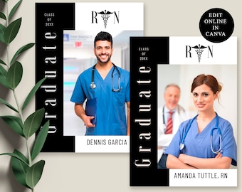 Plantilla de tarjeta de graduación de enfermera, plantilla de fiesta de invitación de graduación, graduación médica de RN, PLANTILLA CANVA, tarjeta fotográfica, editable, NGC3