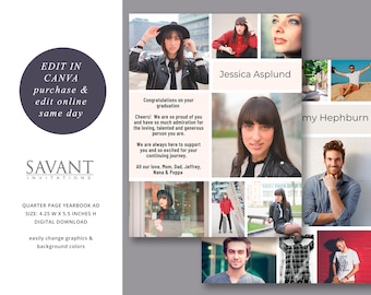 Yearbook Ad Canva Template - Editable Modern School Yearbook Recognition Tribute Collage Ad, QUARTER PAGE 4.25x5.5, YBAG717