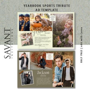 May include: A yearbook sports tribute ad template with photos and text. The ad features images of people, including a baseball player, a woman with a pumpkin, and a man in a suit. Text includes names, graduation details, and well wishes.