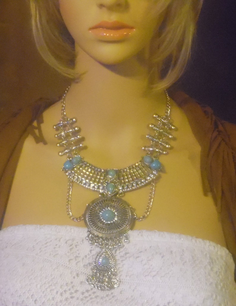 Vintage Boho Silver Turquoise Crystal Layered Statement Necklace