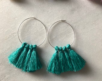 Tassel hoop earrings - aqua turquoise, brown, navy blue