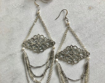 Swing chandelier earrings - mixed metals freshwater pearls statement jewelry