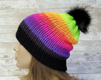Slouchy Rainbow Pride Beanie Hat with Pom Pom Women, Womens Winter Hat, Boho Slouchy Beanie Hat