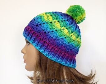 Womens Rainbow Beanie Hat with Pom Pom, Womens Winter Hat, Winter Pom Pom Beanie Hat for Women, Adult Winter Hat
