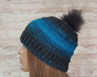Teal and Gray Adult Winter Hat with Pom Pom, Womens Winter Hat with Pom, Beanie Hat with Pom