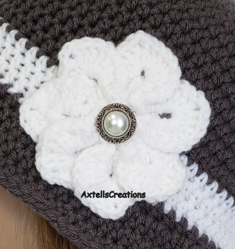 Crochet Womens Winter Hat with Flower Gray Average 1920s Flapper Bucket Cloche Boho Hat Knit Womens 1920s Vintage Style Bucket Hat