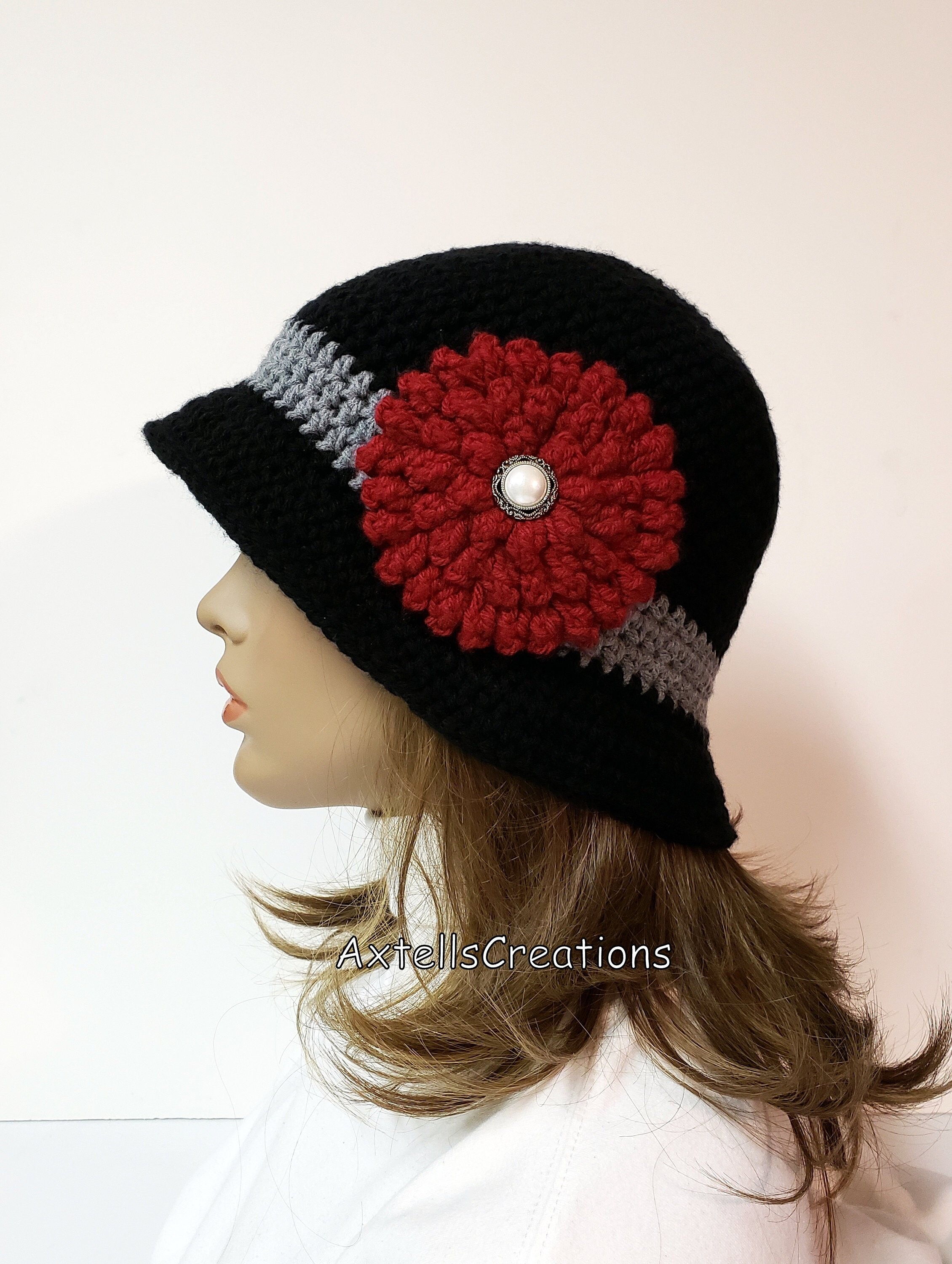 Women’s Black Wool Cloche Bucket Hat With Crochet Flowers Boiled Wool Beanie Hat with Crochet Flower for Women  main image 4