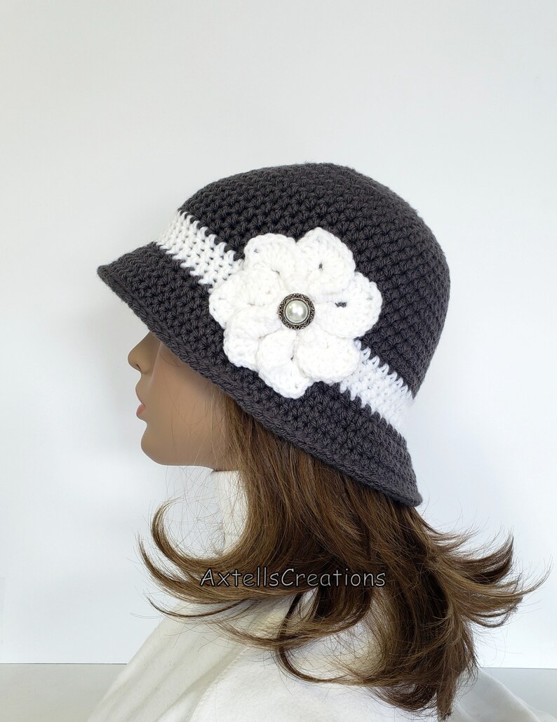 Crochet Womens Winter Hat with Flower Gray Average 1920s Flapper Bucket Cloche Boho Hat Knit Womens 1920s Vintage Style Bucket Hat