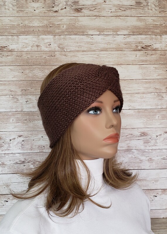 Womens Brown Turban Twisted Knot Winter Headband, Boho 