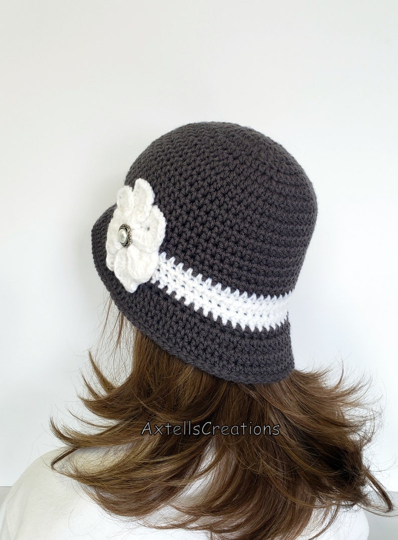 Crochet Womens Winter Hat with Flower Gray Average 1920s Flapper Bucket Cloche Boho Hat Knit Womens 1920s Vintage Style Bucket Hat