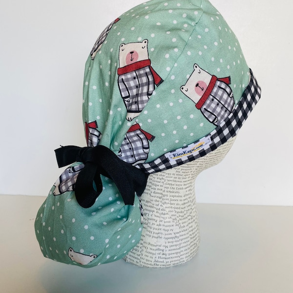 Scrub hat by KimKaps surgical hat Ponytail scrub cap ribbon scrub hat Sale Bargain Clearance green white black bears buffalo plaid