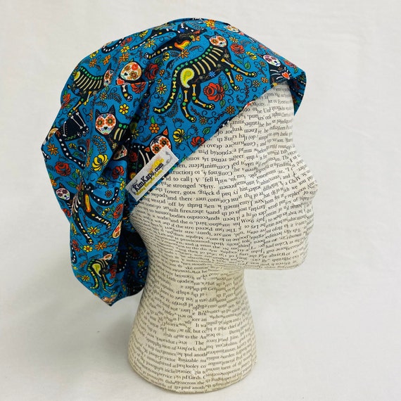 Scrub Hat by KimKaps Surgical Hat Bouffant Scrub Cap Traditional Bouffant Green Blue Black Cats Skeletons Flowers