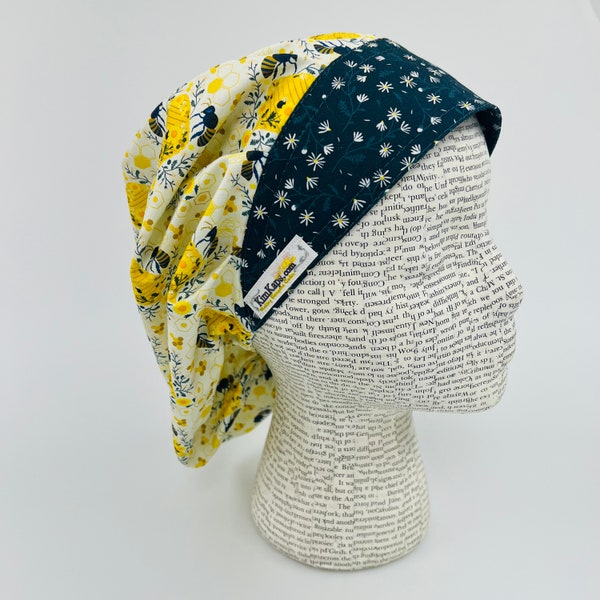 Scrub hat by KimKaps surgical hat bouffant scrub cap Traditional bouffant yellow green black bees beehives