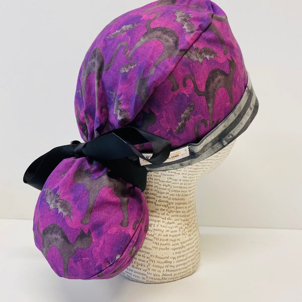 Scrub hat by KimKaps surgical hat Ponytail scrub cap ribbon scrub hat Sale Bargain Clearance purple black cats Halloween