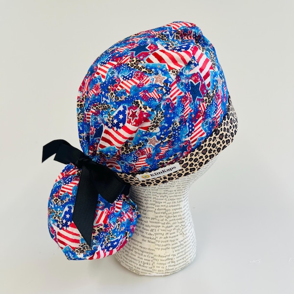 Scrub hat by KimKaps surgical hat Ponytail scrub cap ribbon scrub hat Sale Bargain Clearance red blue white patriotic stars leopard