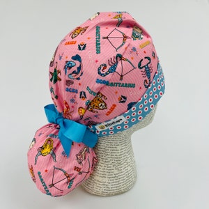 Scrub hat by KimKaps surgical hat Ponytail scrub cap ribbon scrub hat pink flowers astrology signs zodiac horoscopes Sale Bargain Clearance