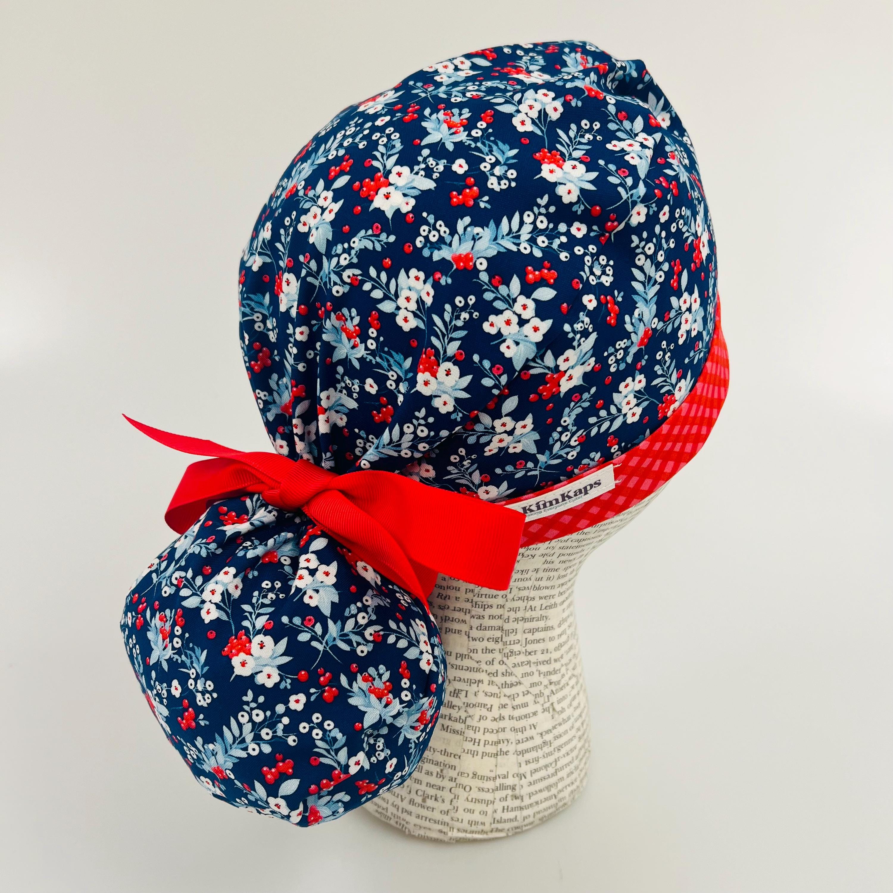 Scrub hat by KimKaps surgical hat Ponytail scrub cap ribbon scrub hat shades of blue red white flowers