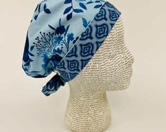 Scrub hat by KimKaps surgical hat Tie Back Scrub cap shades of blue flowers