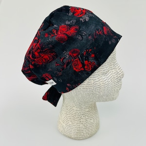 Scrub hat by KimKaps surgical hat Tie Back Scrub cap black red flowers anatomical hearts