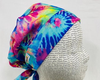 Scrub hat by KimKaps surgical hat Tie Back Scrub cap rainbow tie dye