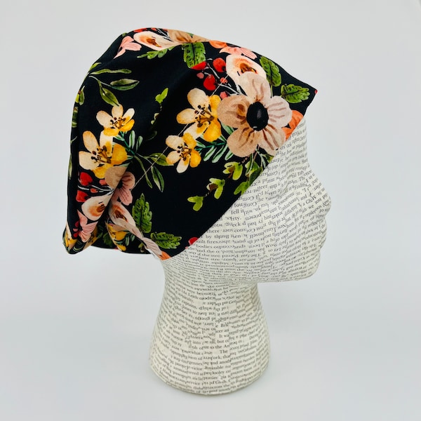 Scrub hat by KimKaps surgical hat European scrub cap black pink yellow green coral flowers