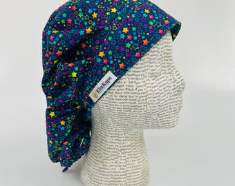 Scrub hat by KimKaps surgical hat bouffant scrub cap Bouffant with ties blue yellow purple green pink rainbow stars