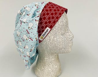 Scrub hat by KimKaps surgical hat bouffant scrub cap Traditional bouffant Sale Bargain Clearance blue red white snowman let it snow