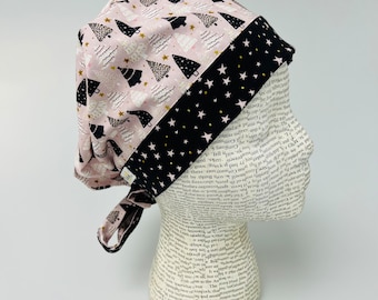 Scrub hat by KimKaps surgical hat Tie Back Scrub cap Sale Bargain Clearance pink black white trees Christmas