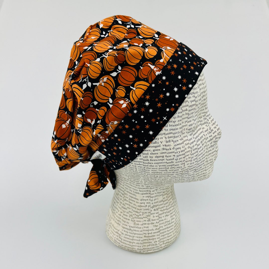 Adjustable Skulls & Pumpkins Surgical Scrub Cap - Ponytail Pouch, Buttons, Sweatband | Halloween Nurse Hat
