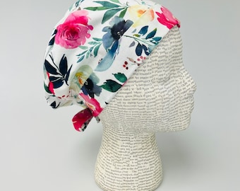 Scrub hat by KimKaps surgical hat Tie Back Scrub cap white pink green blue yellow flowers