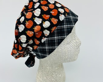 Scrub hat by KimKaps surgical hat Tie Back Scrub cap hat Sale Bargain Clearance black orange white pumpkins Halloween fall Thanksgiving