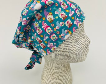 Scrub hat by KimKaps surgical hat Tie Back Scrub cap Sale Bargain Clearance blue teal pink purple white Easter bunny gnomes