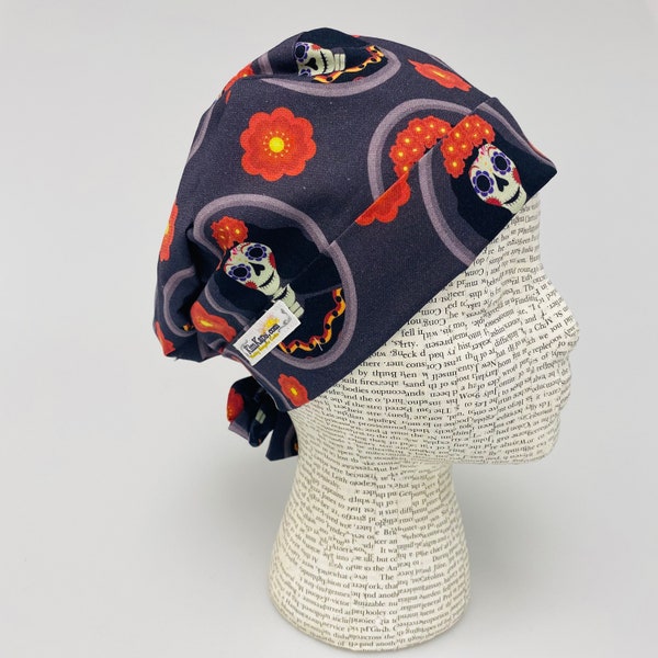 Scrub hat by KimKaps surgical hat Tie Back Scrub cap gray black red white purple skulls flowers