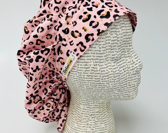 Scrub hat by KimKaps surgical hat bouffant scrub cap Bouffant with ties pink black gold leopard