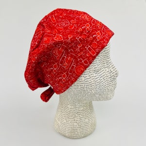 Scrub hat by KimKaps surgical hat Tie Back Scrub cap hat red white cardiology hematology cath lab blood-related blood cells vials syringes