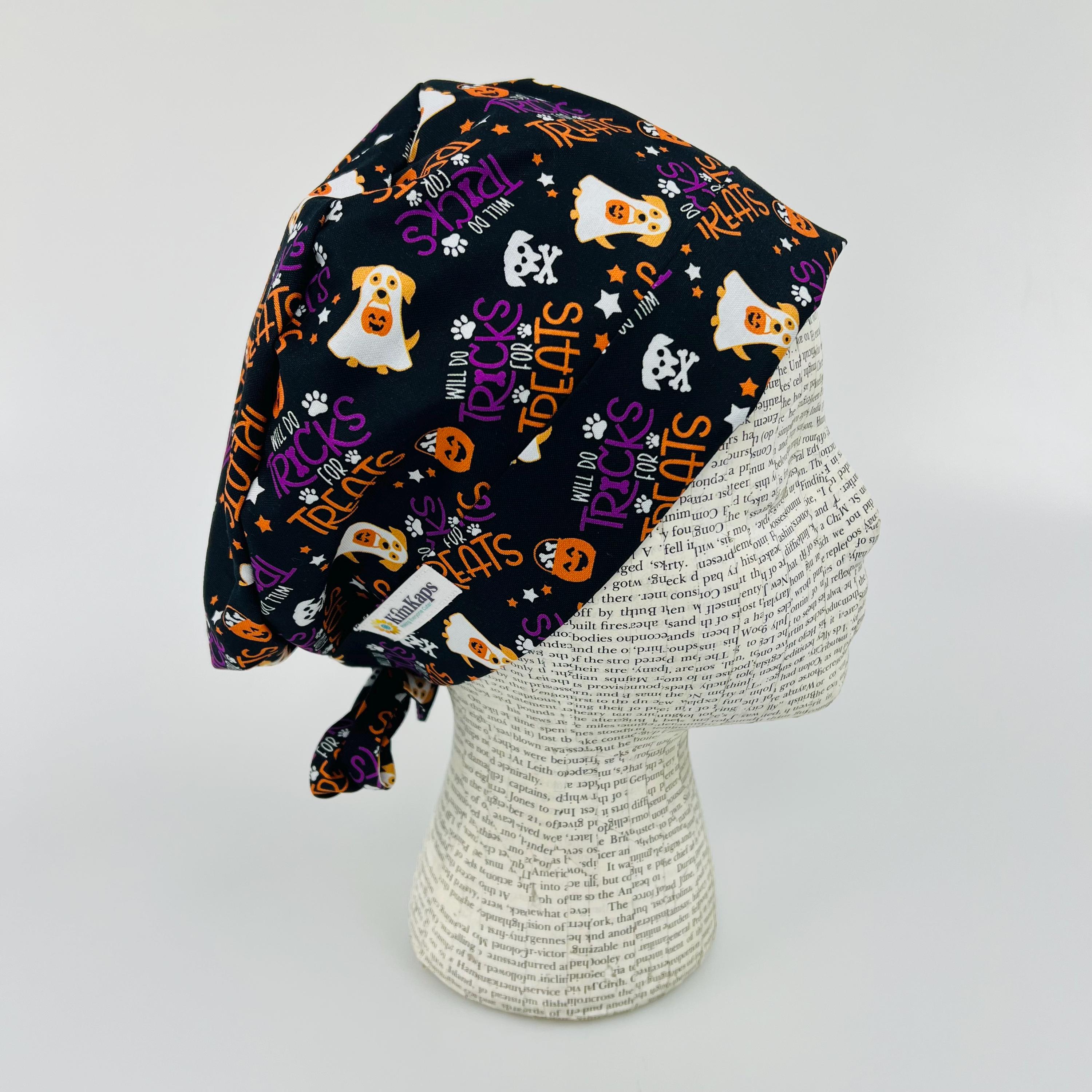 Scrub hat by KimKaps surgical hat Tie Back Scrub cap Sale Bargain Clearance black purple orange white Halloween dogs