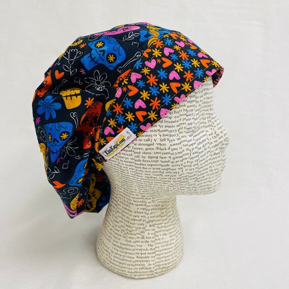 Scrub Hat by KimKaps Surgical Hat Bouffant Scrub Cap Traditional Bouffant Black Pink Red Blue Sugar Skulls