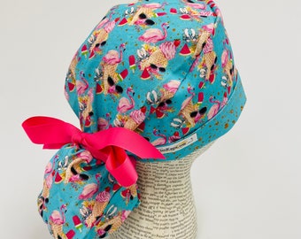 Scrub hat by KimKaps surgical hat Ponytail scrub cap ribbon scrub hat Sale Bargain Clearance teal gold pink summer ice cream flamingos