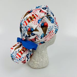 Scrub hat by KimKaps surgical hat Ponytail scrub cap ribbon scrub hat Sale Bargain Clearance blue white red summer flip flops patriotic