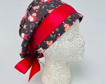 Scrub hat by KimKaps surgical hat European with ribbon scrub cap Sale Bargain Clearance gray red brown white Santa reindeer
