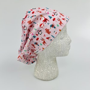 Scrub hat by KimKaps surgical hat European scrub cap Sale Bargain Clearance pink red brown Christmas Santa snowman penguins elves reindeer