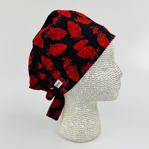 Scrub hat by KimKaps surgical hat Tie Back Scrub cap black red anatomical hearts