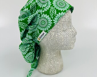 Scrub hat by KimKaps surgical hat bouffant scrub cap Bouffant with ties shades of green sunflowers hearts