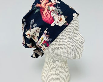 Scrub hat by KimKaps surgical hat Tie Back Scrub cap navy blue white pink anatomical hearts flowers