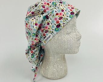 Scrub hat by KimKaps surgical hat bouffant scrub cap Bouffant with ties green teal purple yellow blue flowers