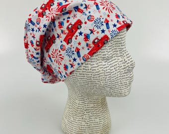Scrub hat by KimKaps surgical hat European scrub cap Sale Bargain Clearance white blue red patriotic trucks stars