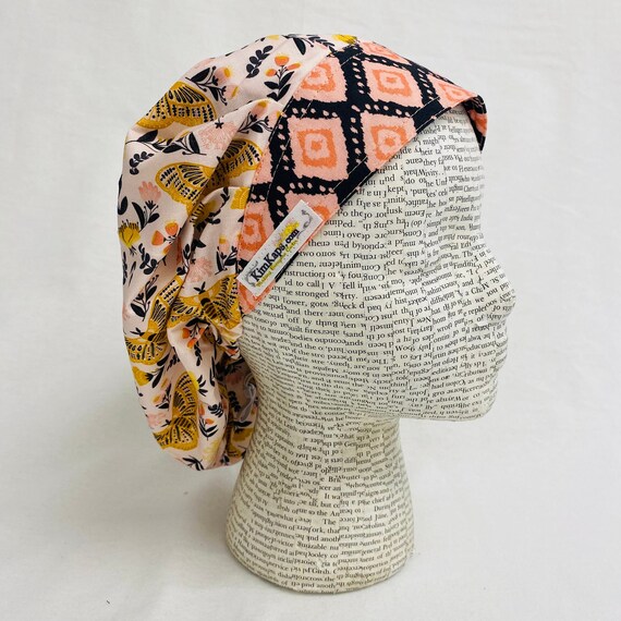 Scrub Hat by KimKaps Surgical Hat Bouffant Scrub Cap Traditional Bouffant Pink Orange Black Coral Butterflies