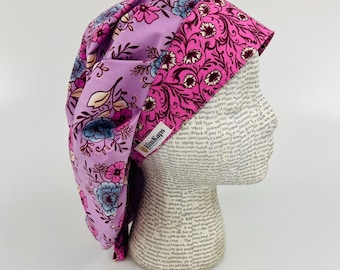 Scrub hat by KimKaps surgical hat bouffant scrub cap Bouffant with ties purple pink blue florals flowers