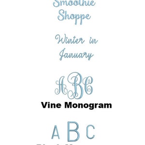 May include: A digital image showing various text and font styles. The text includes "Magnolia Sky", "Love and Sunshine", "Smoothie Shoppe", "Winter in January", "Vine Monogram", "Block Monogram", "Block", and "Hobo".